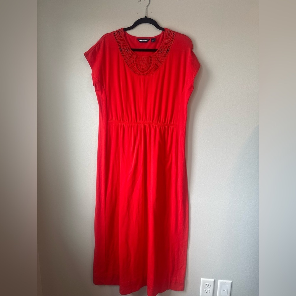 Lands End Red Midi Dress with Crochet Neckline